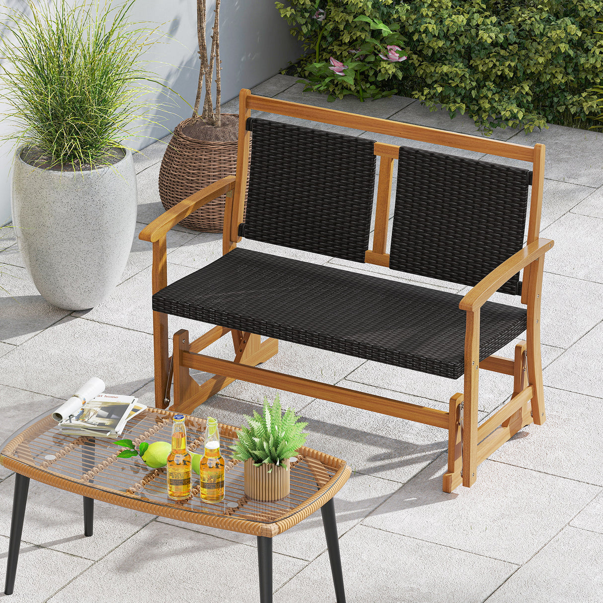 Patio Rattan Glider Chair with Acacia Wood Frame and Wicker Seat Back