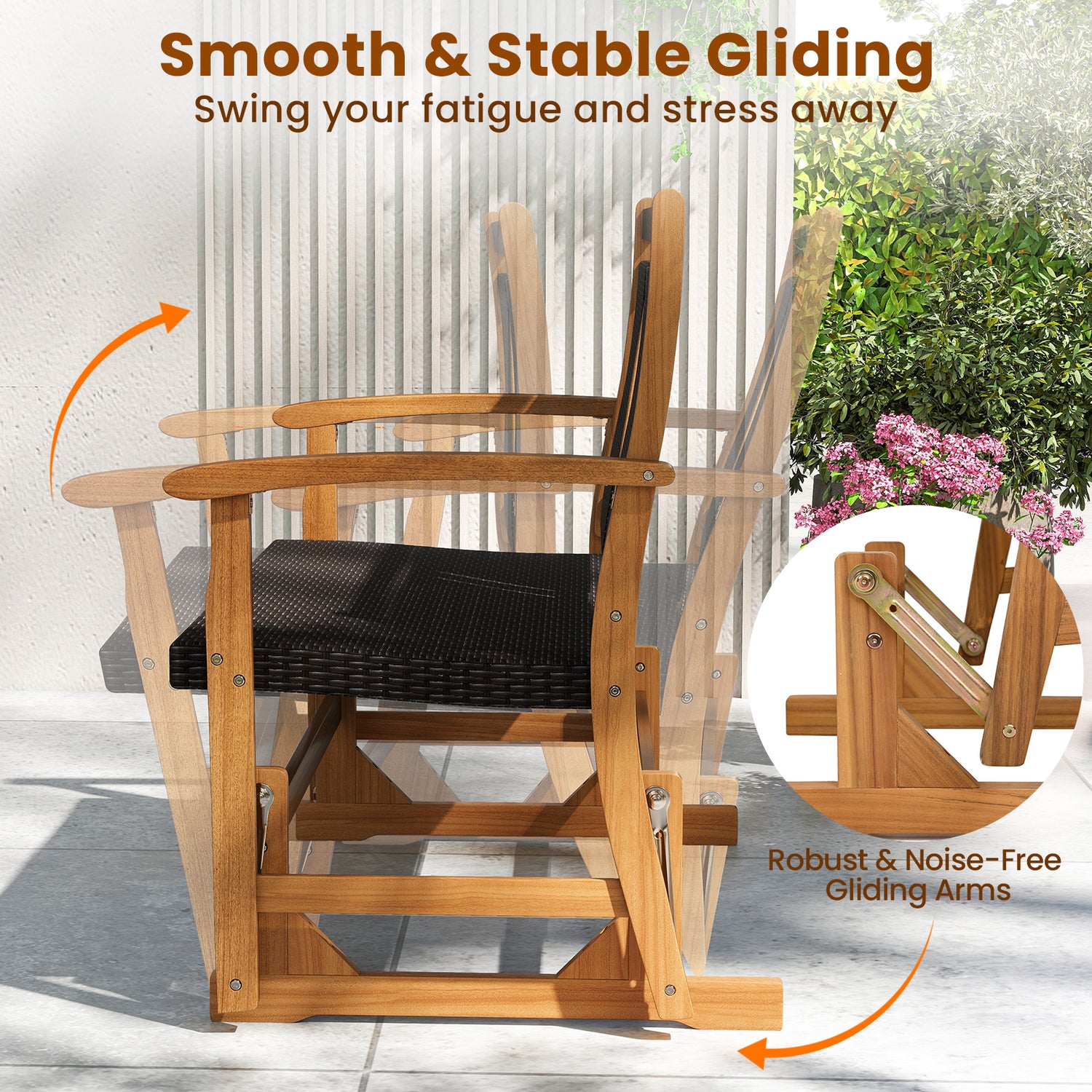 Patio Rattan Glider Chair with Acacia Wood Frame and Wicker Seat Back