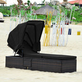 Chaise Cushioned Top Canopy Patio Rattan Lounge Chair with Tea Table