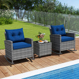3-Piece Patio Rattan Roker Chairs with Tempered Glass Table and Soft Cushions