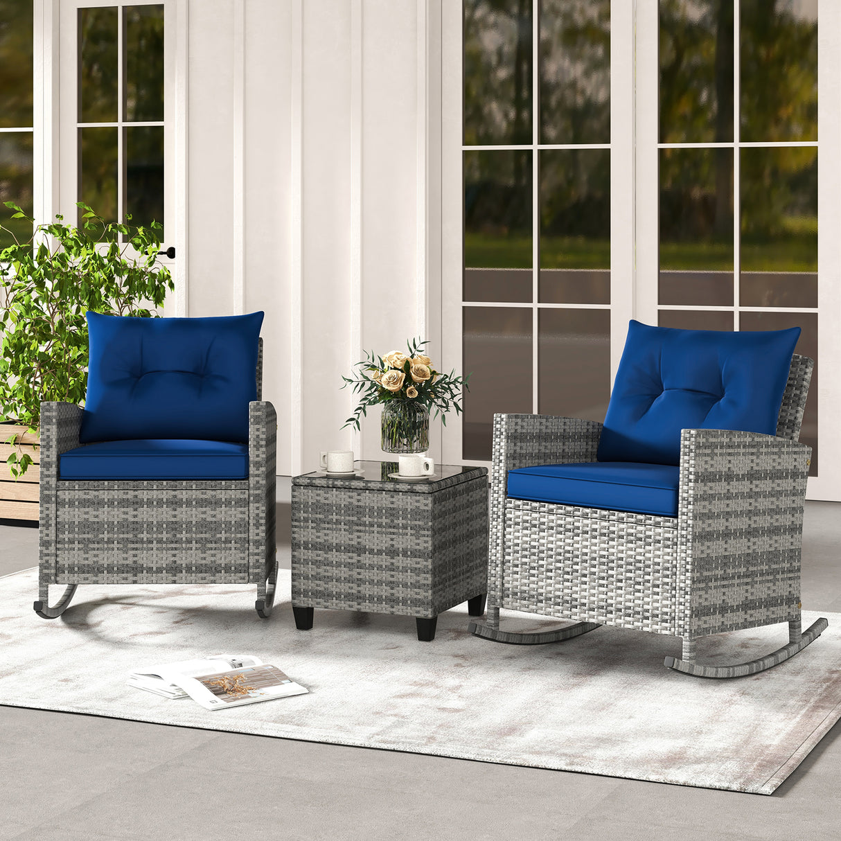 3-Piece Patio Rattan Roker Chairs with Tempered Glass Table and Soft Cushions