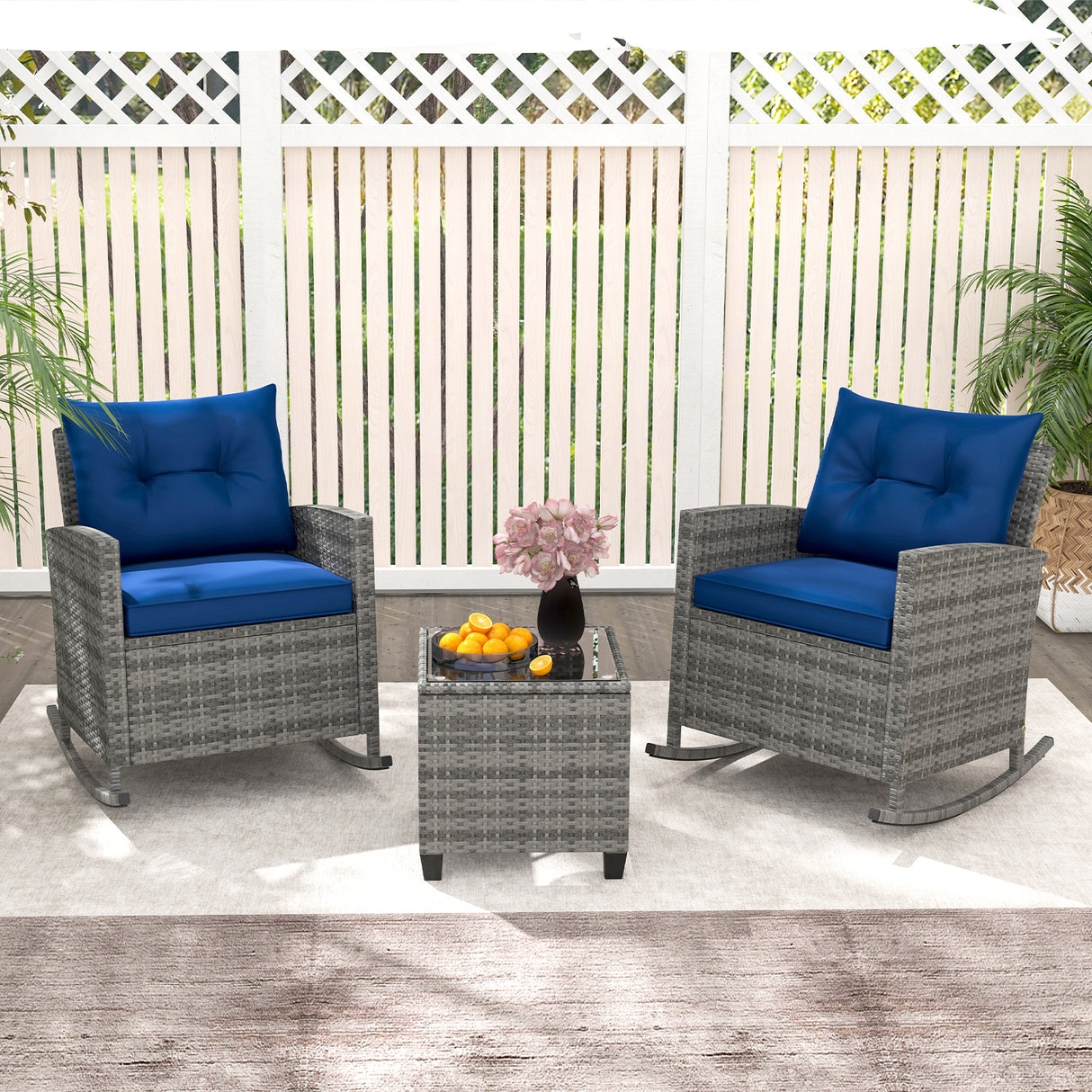 3-Piece Patio Rattan Roker Chairs with Tempered Glass Table and Soft Cushions