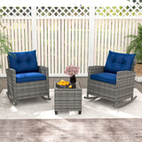 3-Piece Patio Rattan Roker Chairs with Tempered Glass Table and Soft Cushions