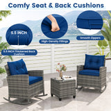 3-Piece Patio Rattan Roker Chairs with Tempered Glass Table and Soft Cushions