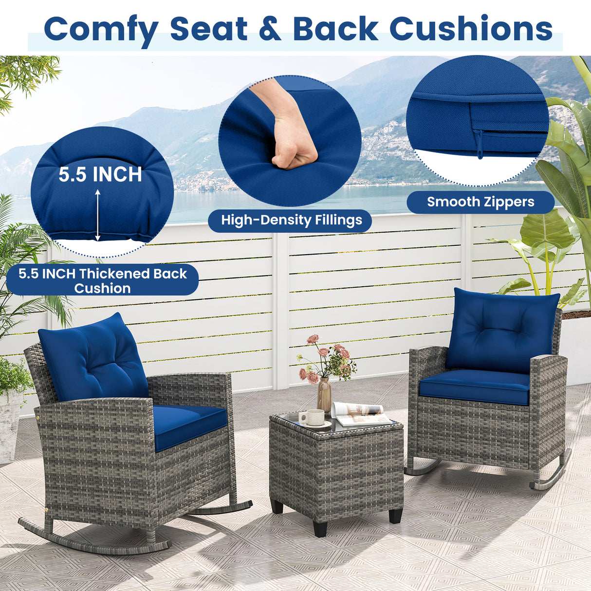 3-Piece Patio Rattan Roker Chairs with Tempered Glass Table and Soft Cushions