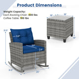 3-Piece Patio Rattan Roker Chairs with Tempered Glass Table and Soft Cushions