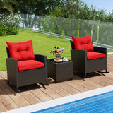 3-Piece Patio Rattan Roker Chairs with Tempered Glass Table and Soft Cushions