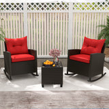 3-Piece Patio Rattan Roker Chairs with Tempered Glass Table and Soft Cushions