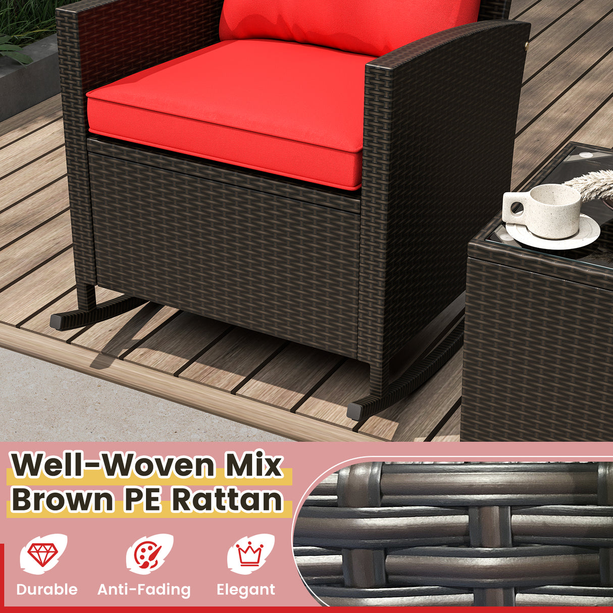 3-Piece Patio Rattan Roker Chairs with Tempered Glass Table and Soft Cushions