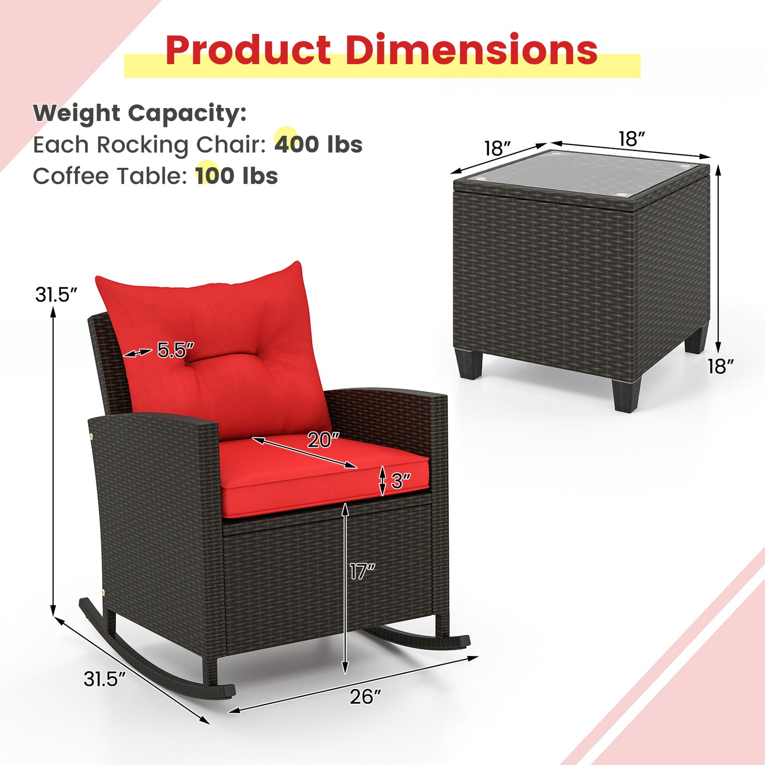 3-Piece Patio Rattan Roker Chairs with Tempered Glass Table and Soft Cushions