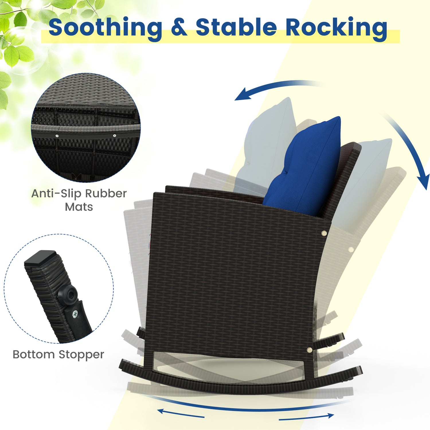 3-Piece Patio Rattan Roker Chairs with Tempered Glass Table and Soft Cushions