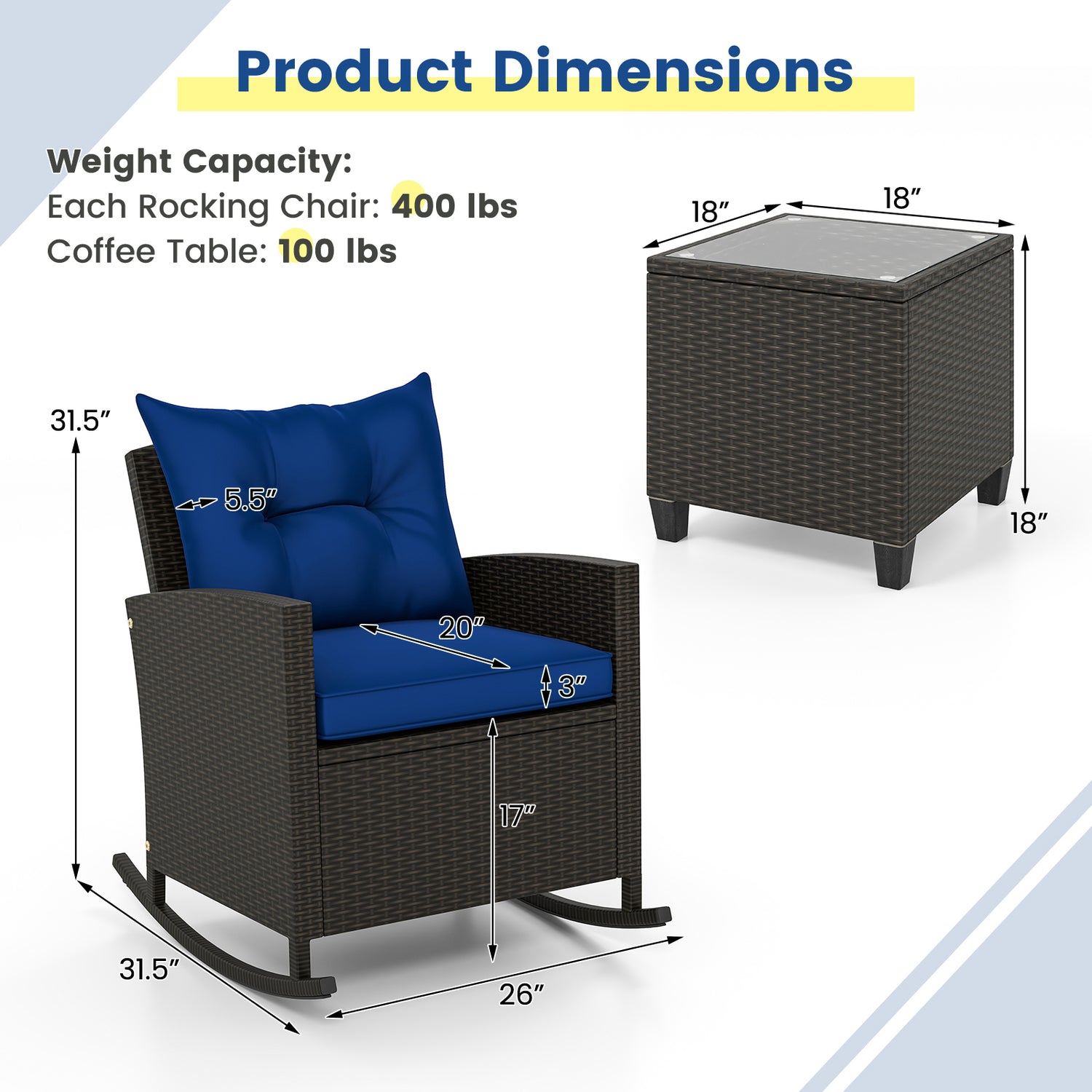 3-Piece Patio Rattan Roker Chairs with Tempered Glass Table and Soft Cushions