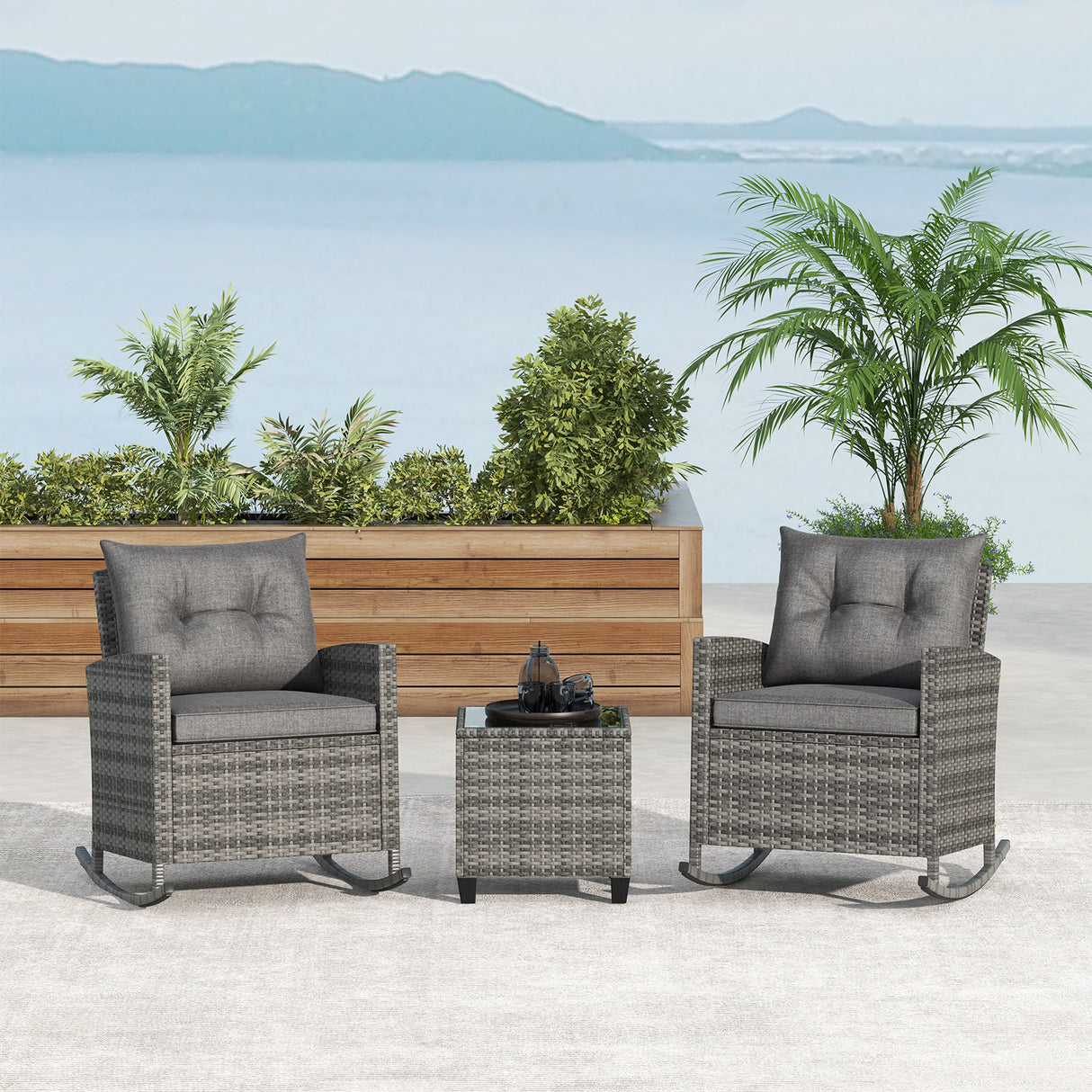 3-Piece Patio Rattan Roker Chairs with Tempered Glass Table and Soft Cushions