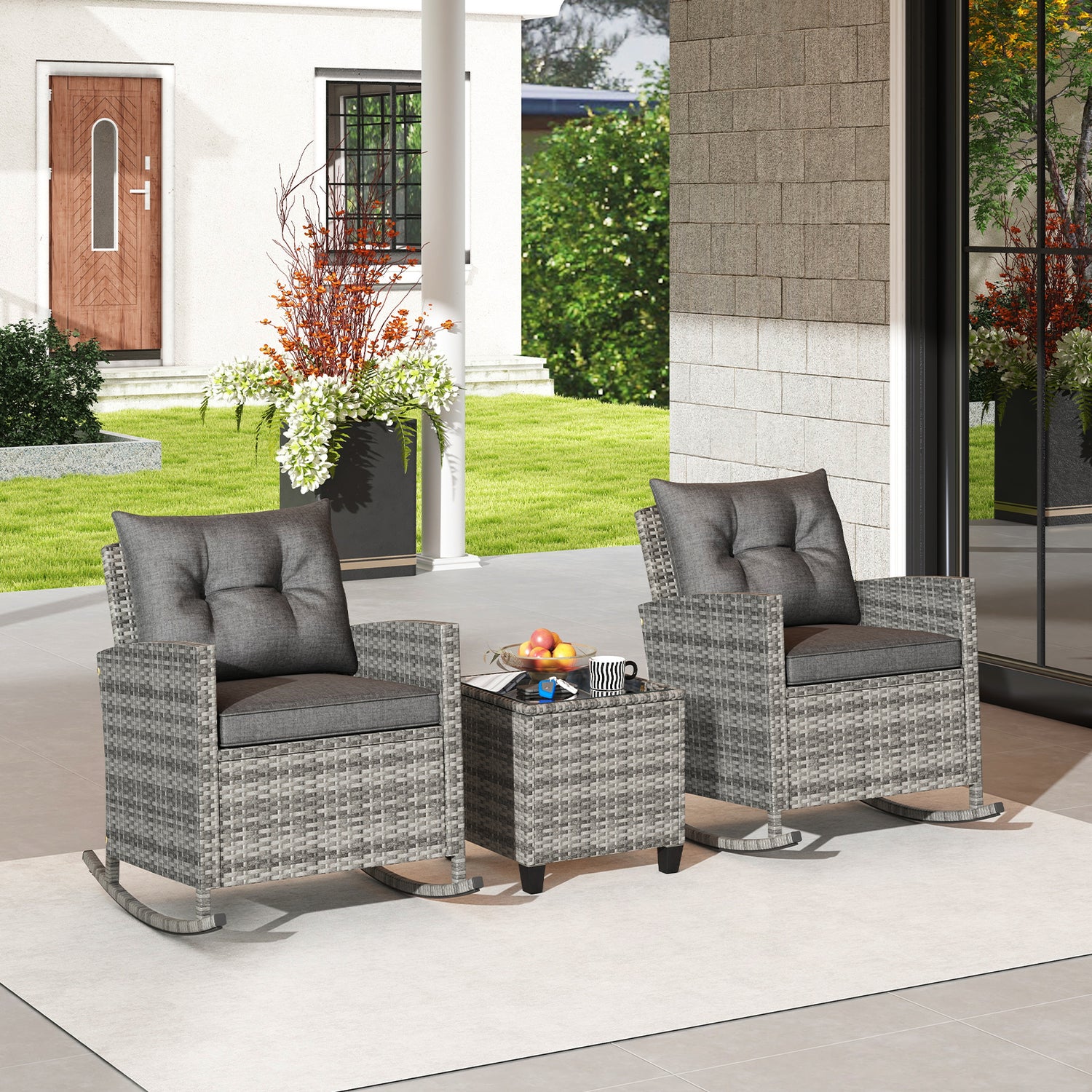 3-Piece Patio Rattan Roker Chairs with Tempered Glass Table and Soft Cushions