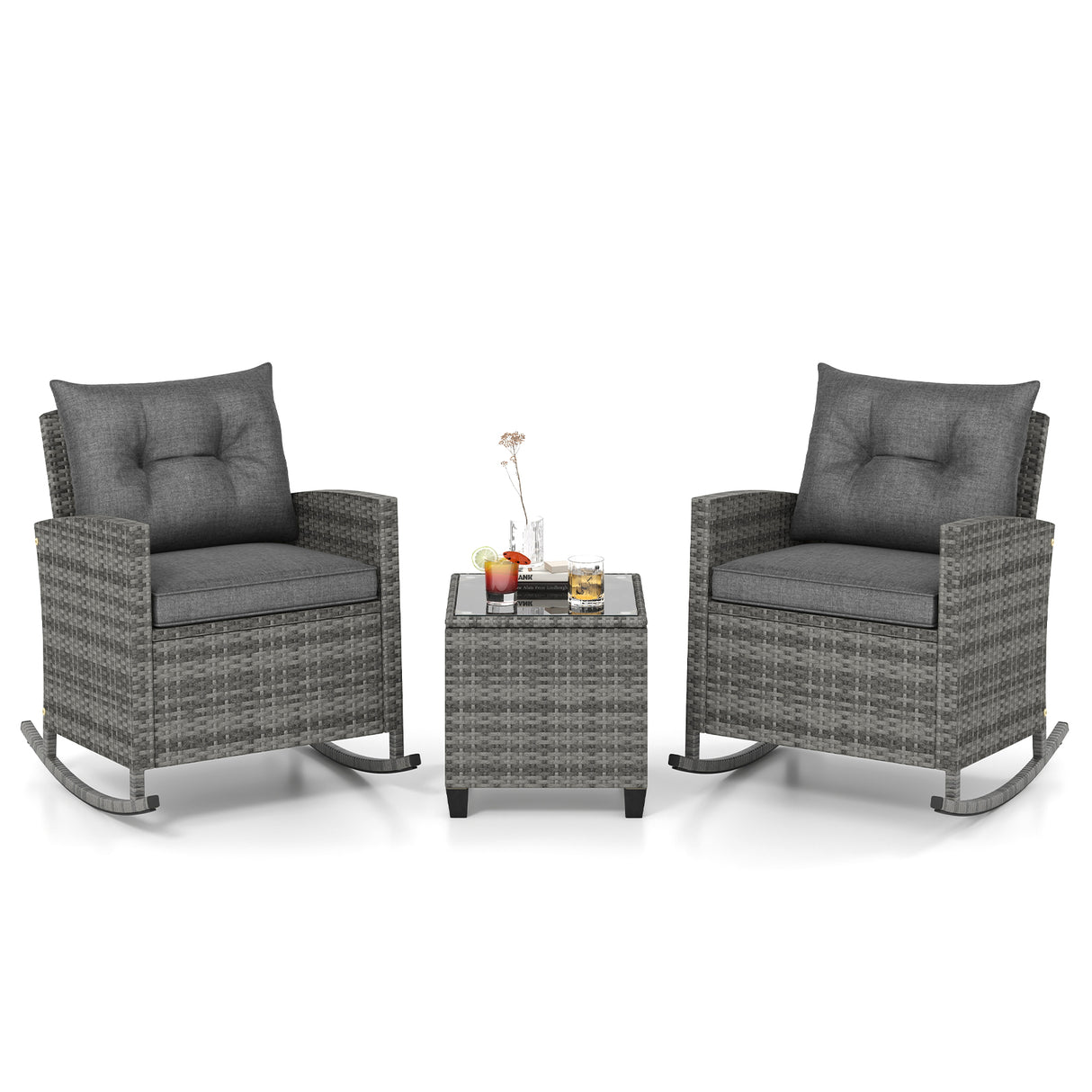 3-Piece Patio Rattan Roker Chairs with Tempered Glass Table and Soft Cushions