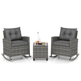 3-Piece Patio Rattan Roker Chairs with Tempered Glass Table and Soft Cushions
