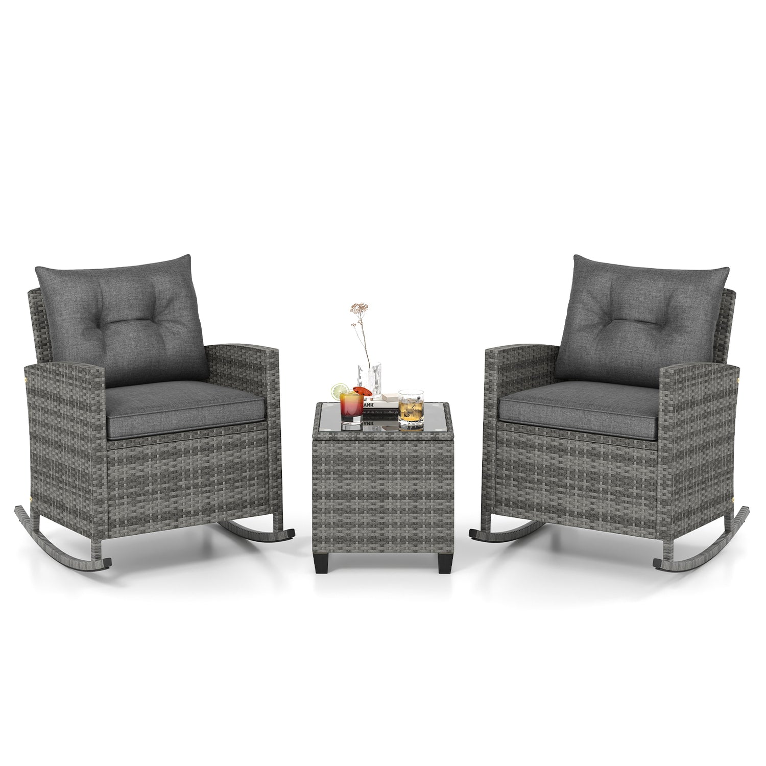 3-Piece Patio Rattan Roker Chairs with Tempered Glass Table and Soft Cushions