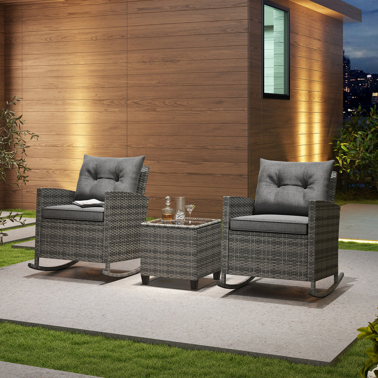 3-Piece Patio Rattan Roker Chairs with Tempered Glass Table and Soft Cushions