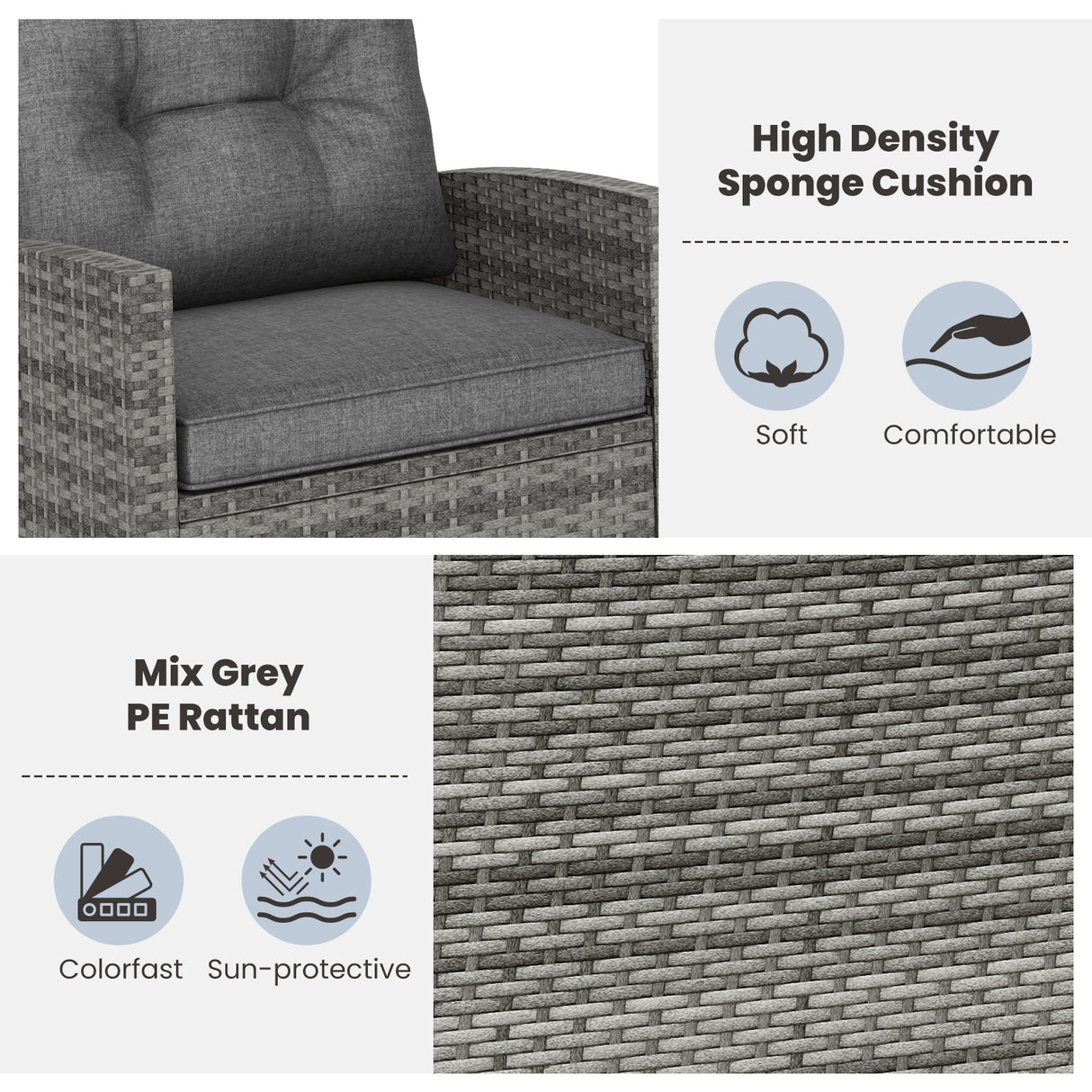 3-Piece Patio Rattan Roker Chairs with Tempered Glass Table and Soft Cushions