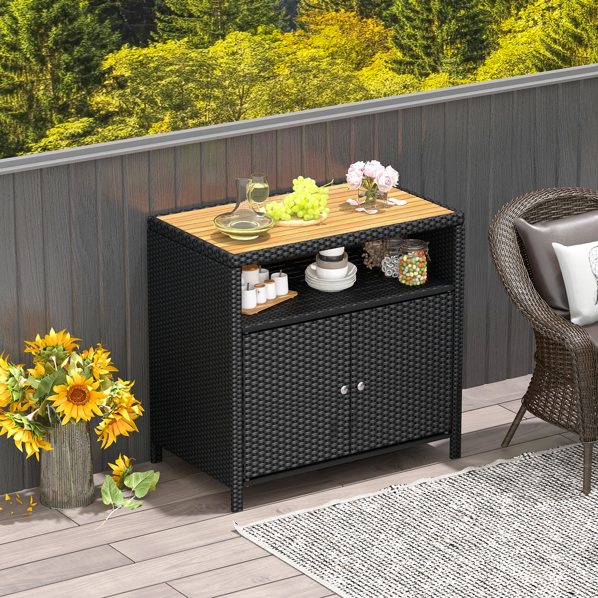 Rattan Storage Cabinet with Acacia Wood Countertop for Poolside Deck and Patio