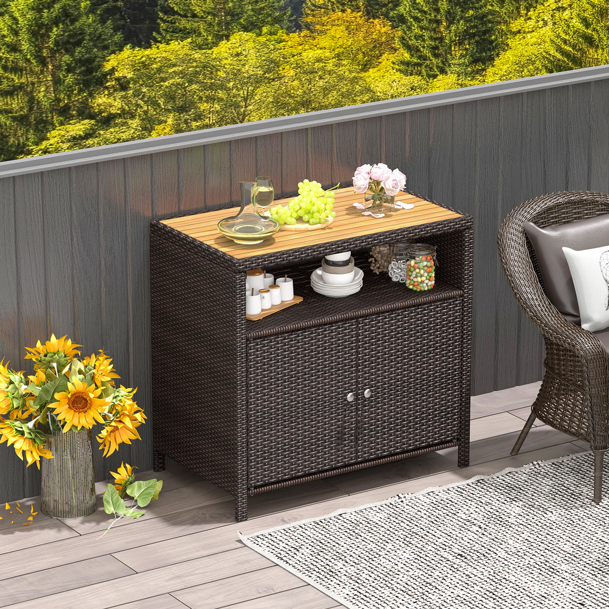 Rattan Storage Cabinet with Acacia Wood Countertop for Poolside Deck and Patio