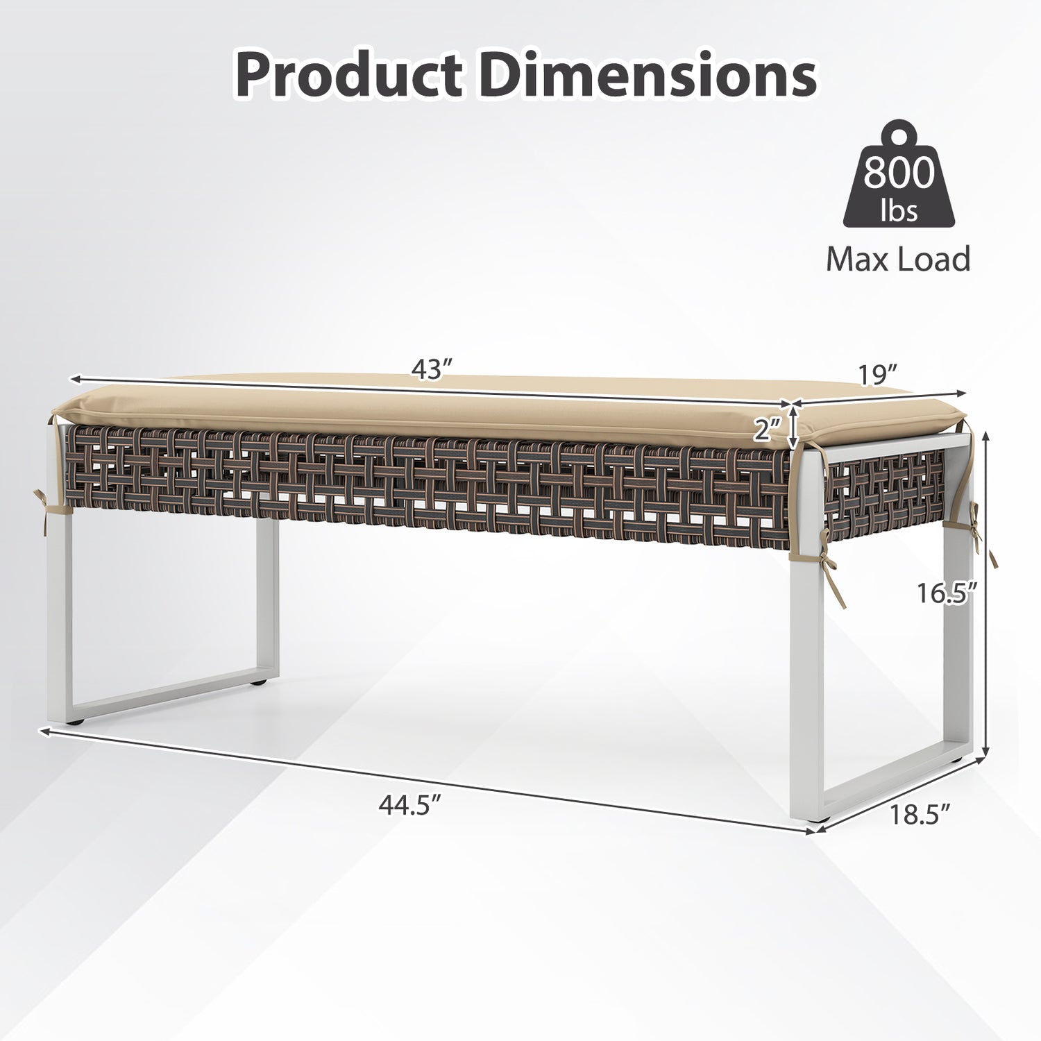 43 Inch Patio Rectangle Ottoman with Metal Legs and Seat Cushion-Beige
