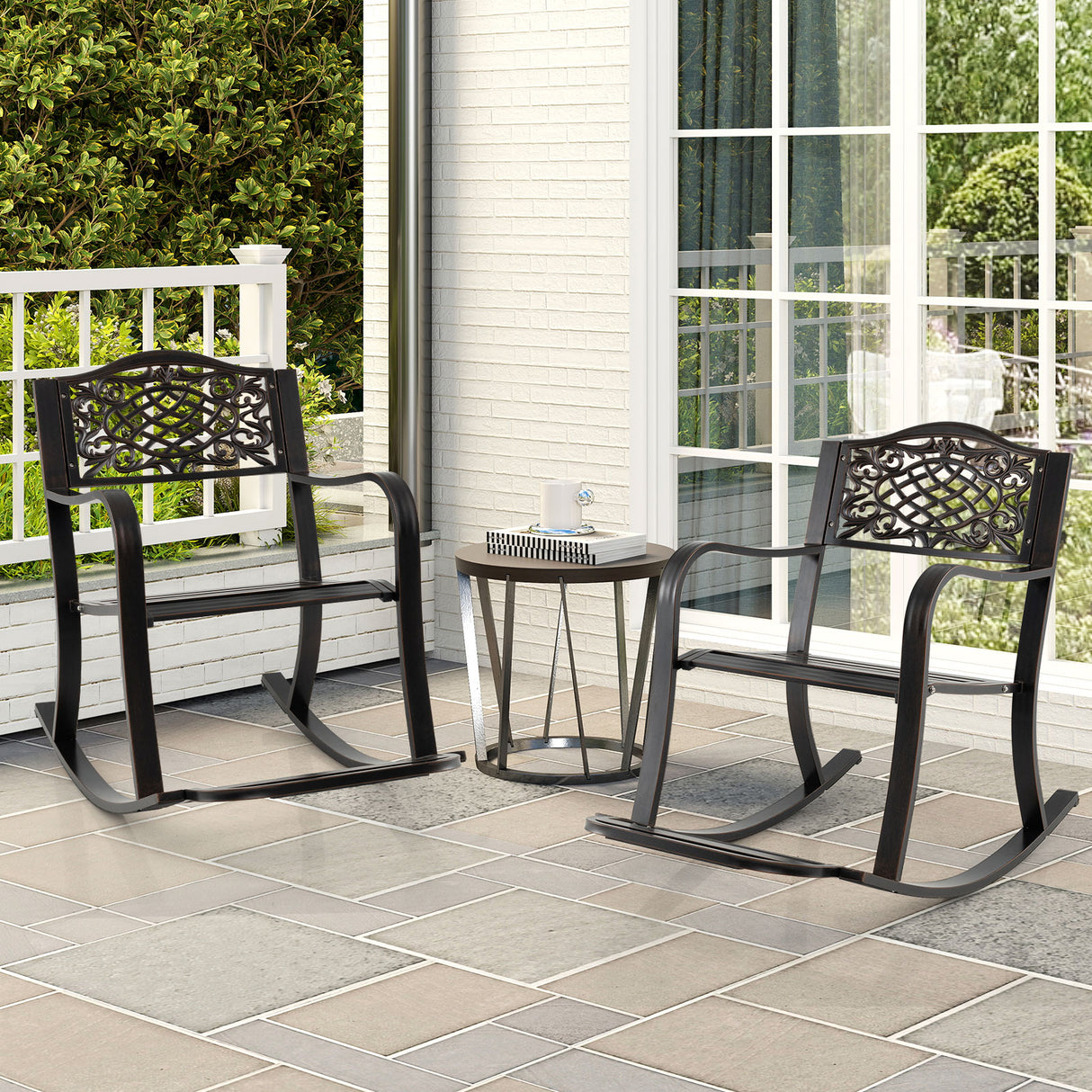 Patio Rocking Chair with Footrest and Curved Armrests-Brown
