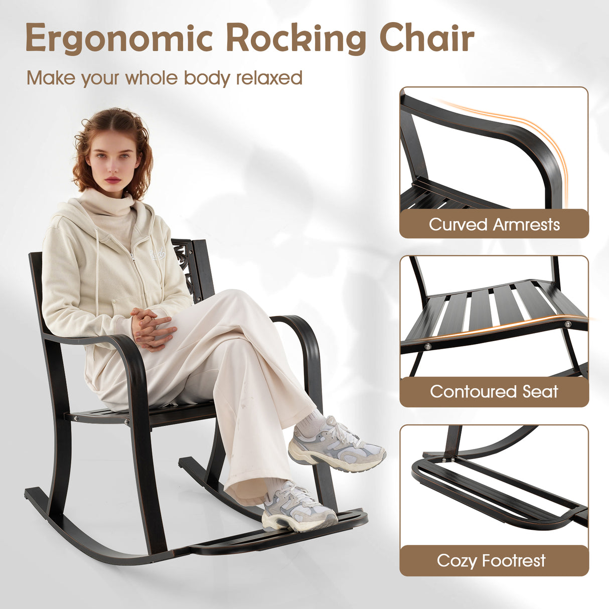 Patio Rocking Chair with Footrest and Curved Armrests-Brown