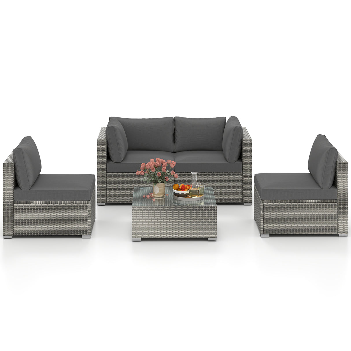 5-Piece Outdoor Patio Sectional Sofa Couch and Glass Coffee Table with Cushions