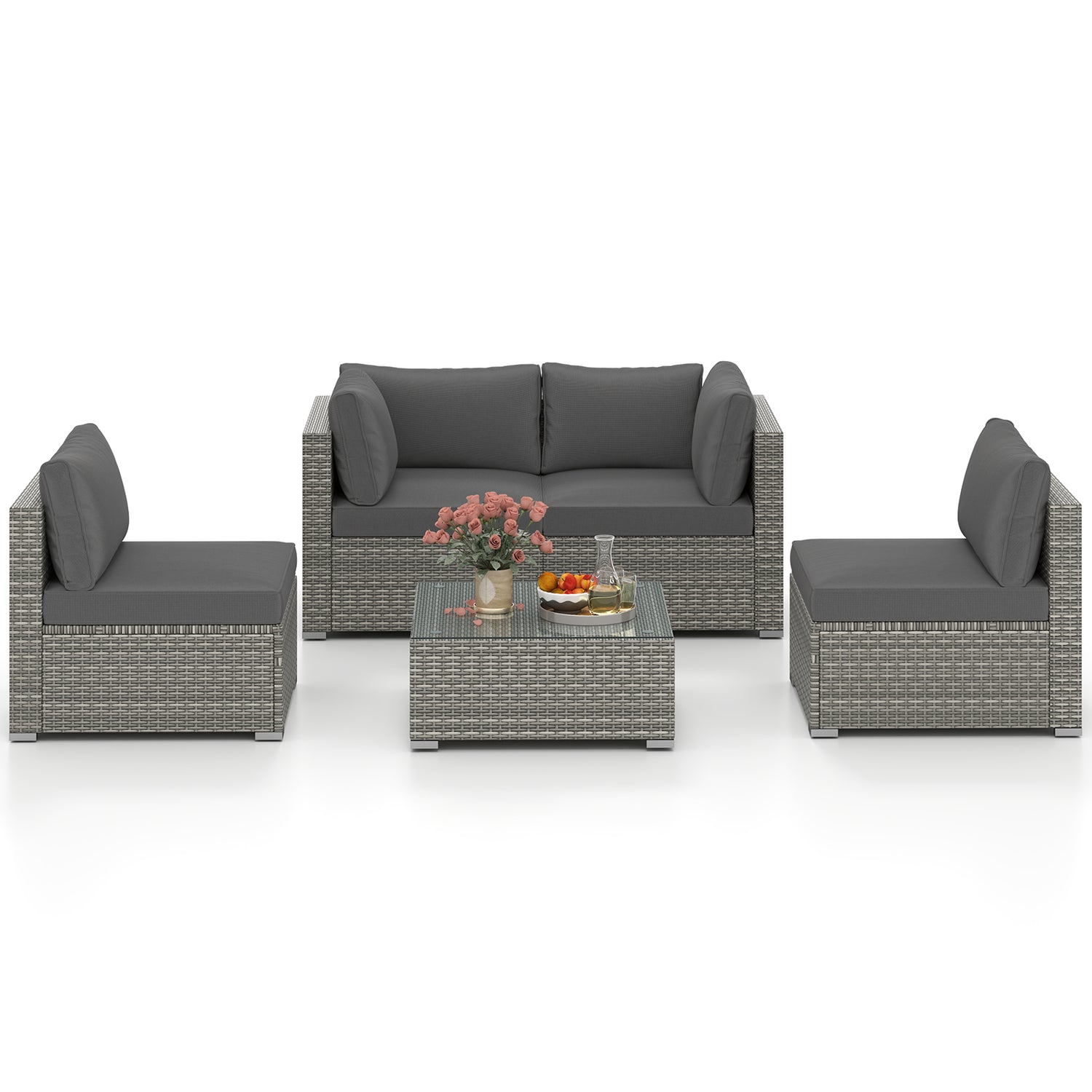 5-Piece Outdoor Patio Sectional Sofa Couch and Glass Coffee Table with Cushions