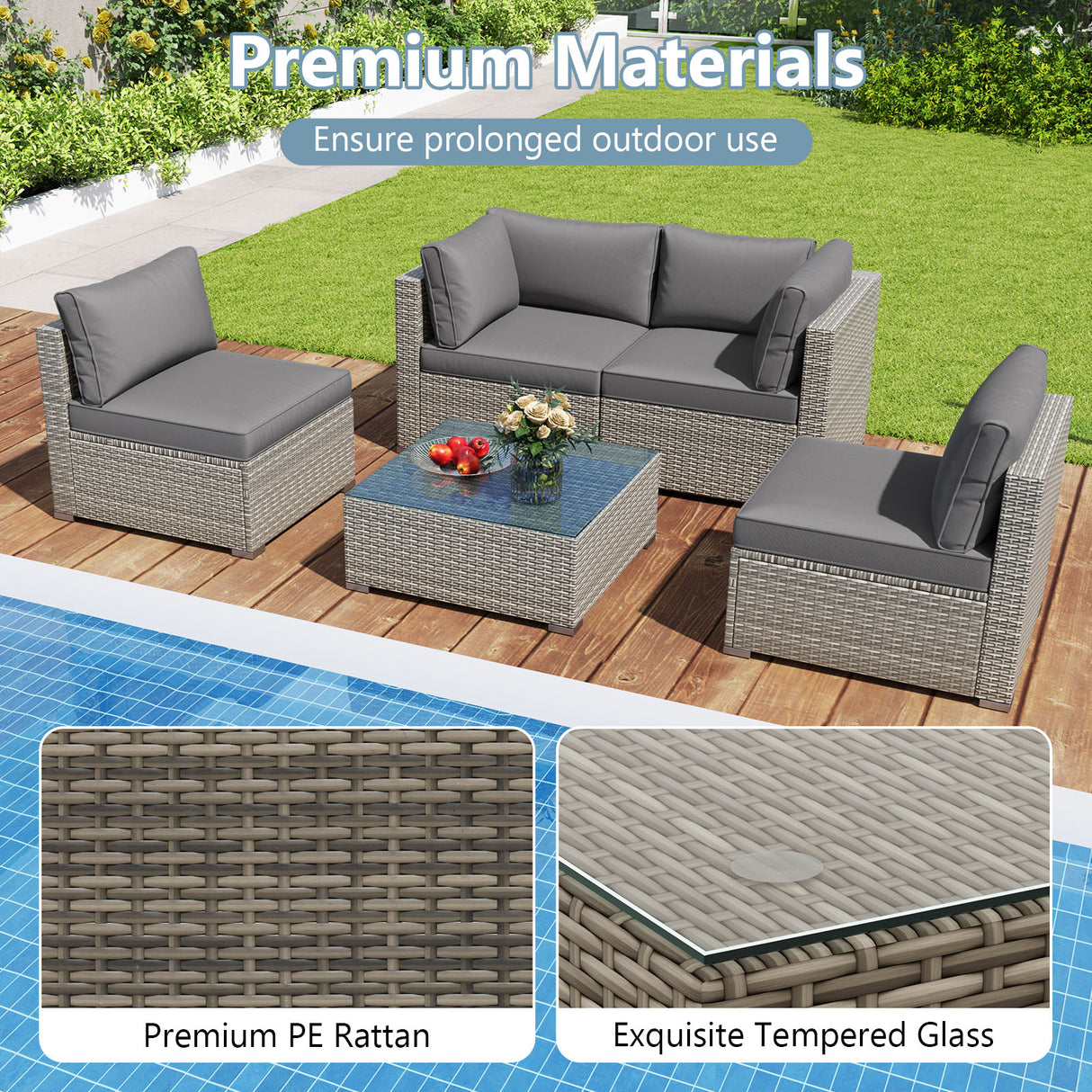 5-Piece Outdoor Patio Sectional Sofa Couch and Glass Coffee Table with Cushions