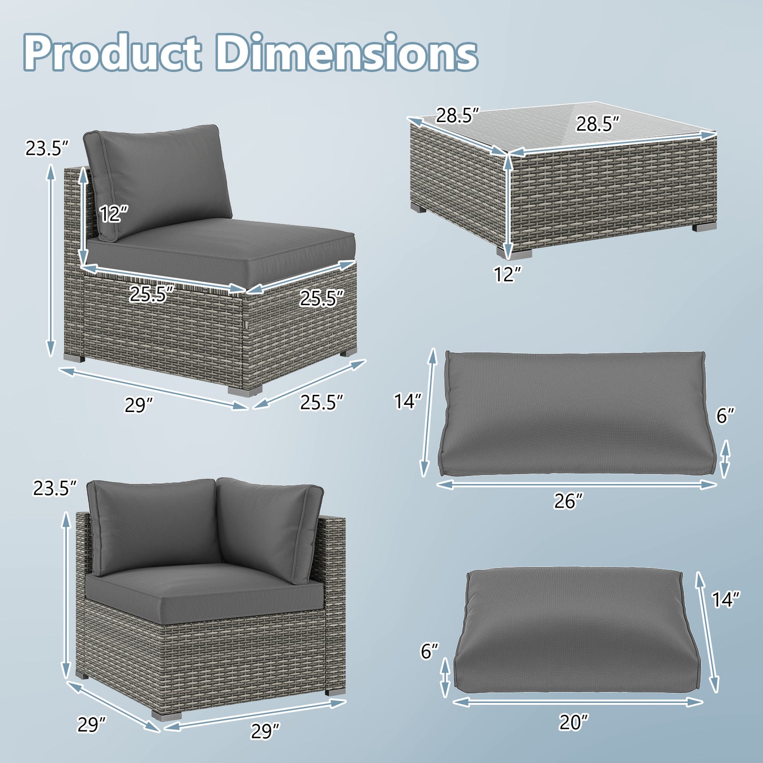 5-Piece Outdoor Patio Sectional Sofa Couch and Glass Coffee Table with Cushions