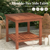 Set of 2 Double-Tier Acacia Wood Patio Side Table with Slatted Tabletop and Shelf