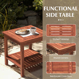 Set of 2 Double-Tier Acacia Wood Patio Side Table with Slatted Tabletop and Shelf