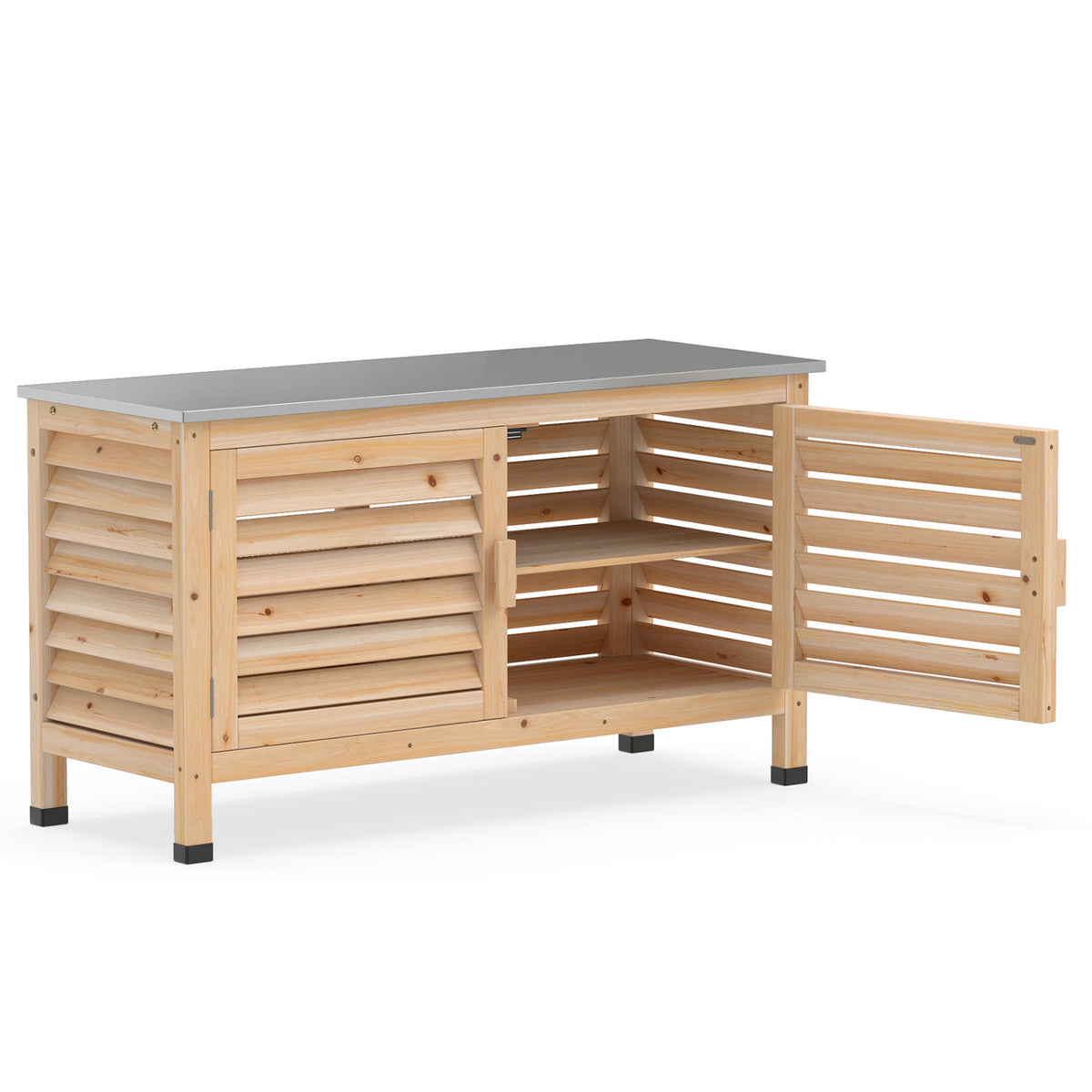 Patio Storage Cabinet with Stainless Steel Countertop and L-Shaped Shelf for Garden