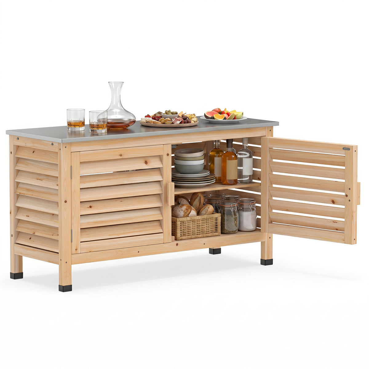 Patio Storage Cabinet with Stainless Steel Countertop and L-Shaped Shelf for Garden