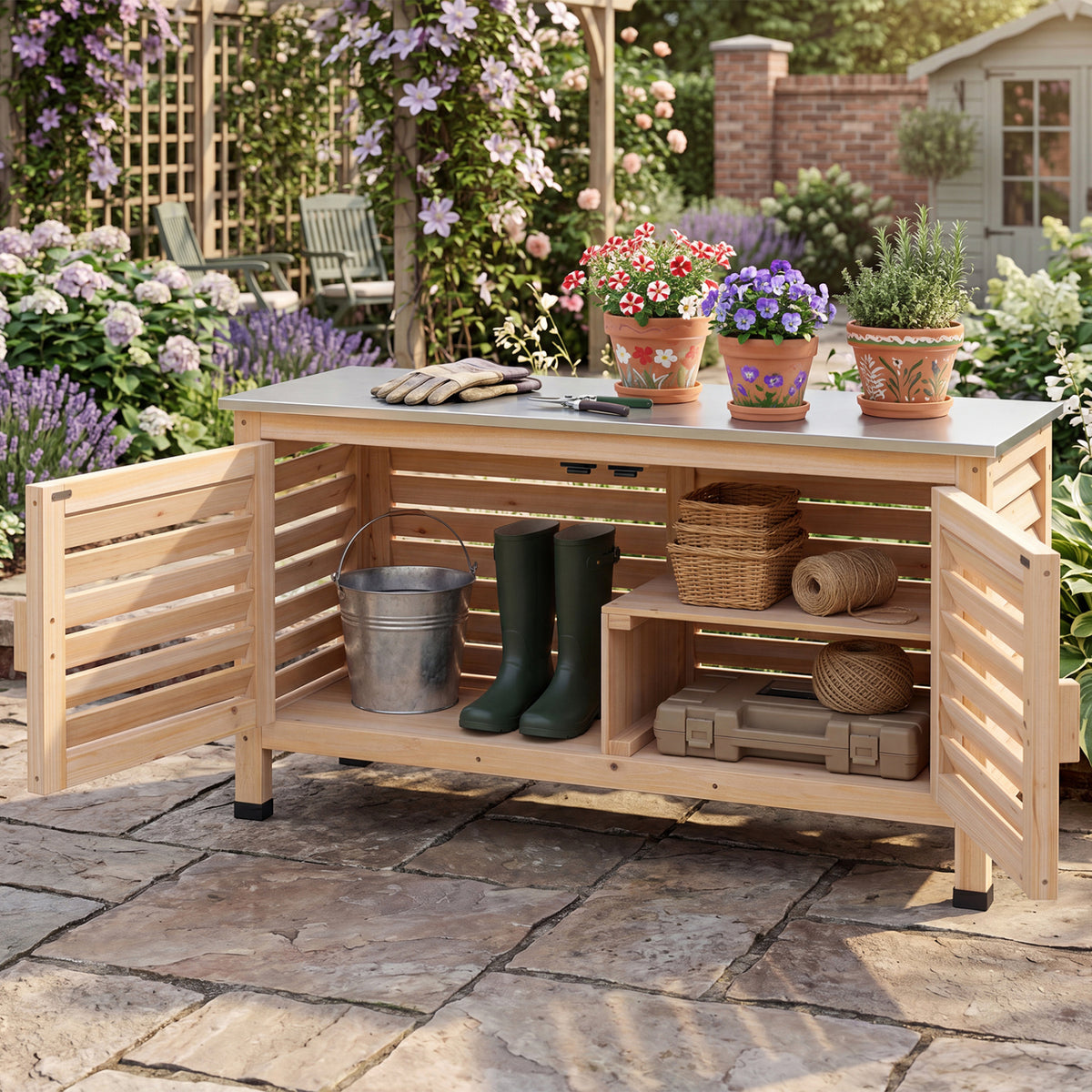 Patio Storage Cabinet with Stainless Steel Countertop and L-Shaped Shelf for Garden