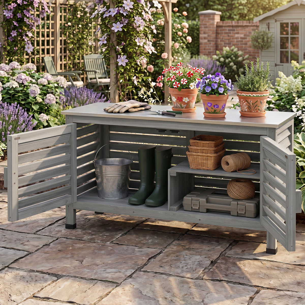 Patio Storage Cabinet with Stainless Steel Countertop and L-Shaped Shelf for Garden