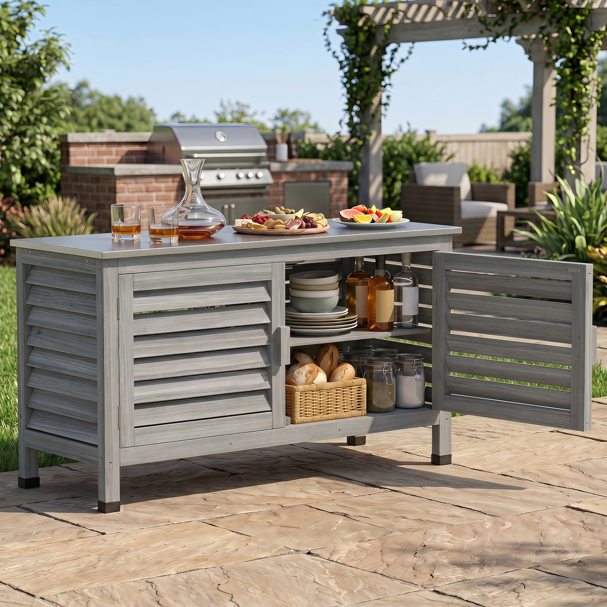 Patio Storage Cabinet with Stainless Steel Countertop and L-Shaped Shelf for Garden