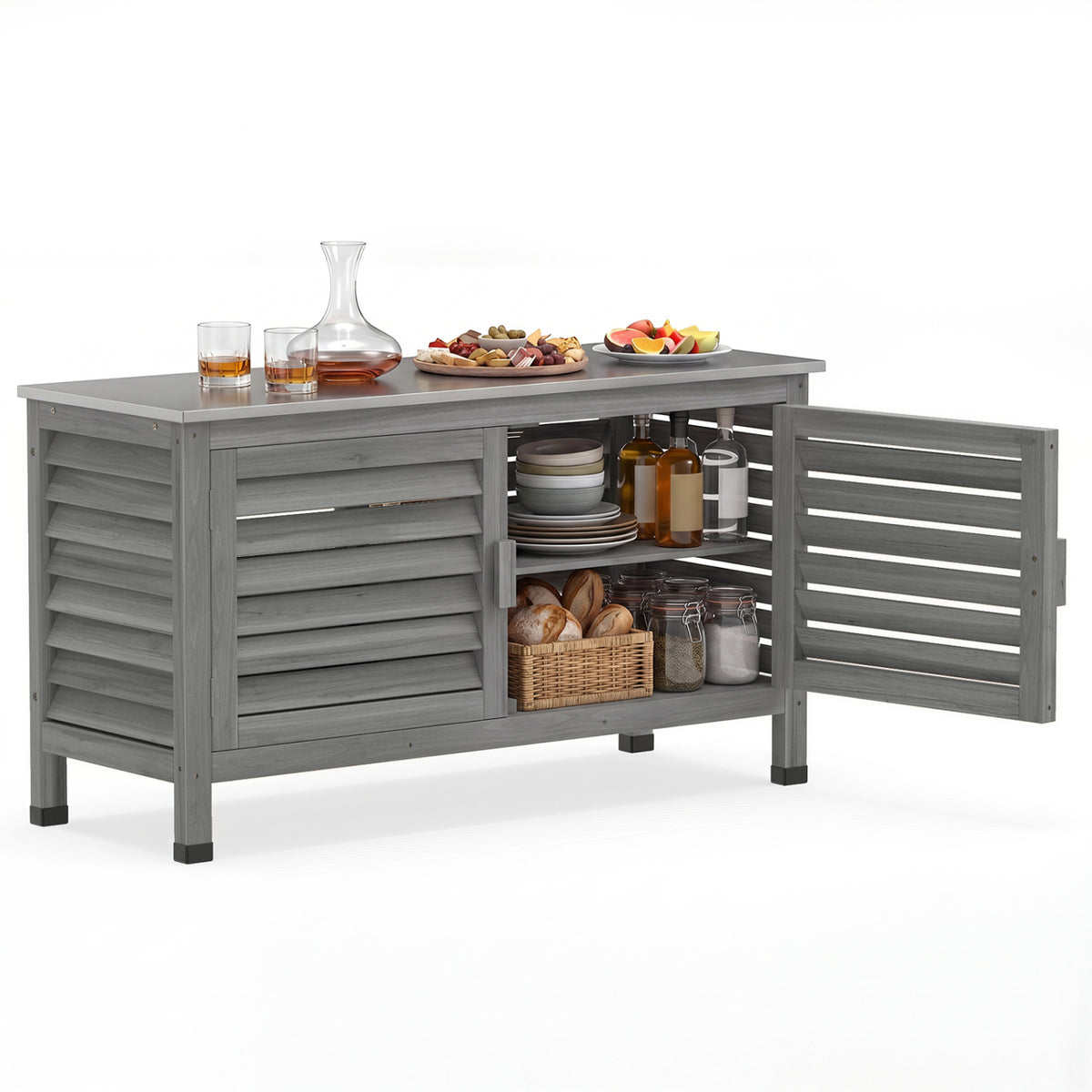 Patio Storage Cabinet with Stainless Steel Countertop and L-Shaped Shelf for Garden