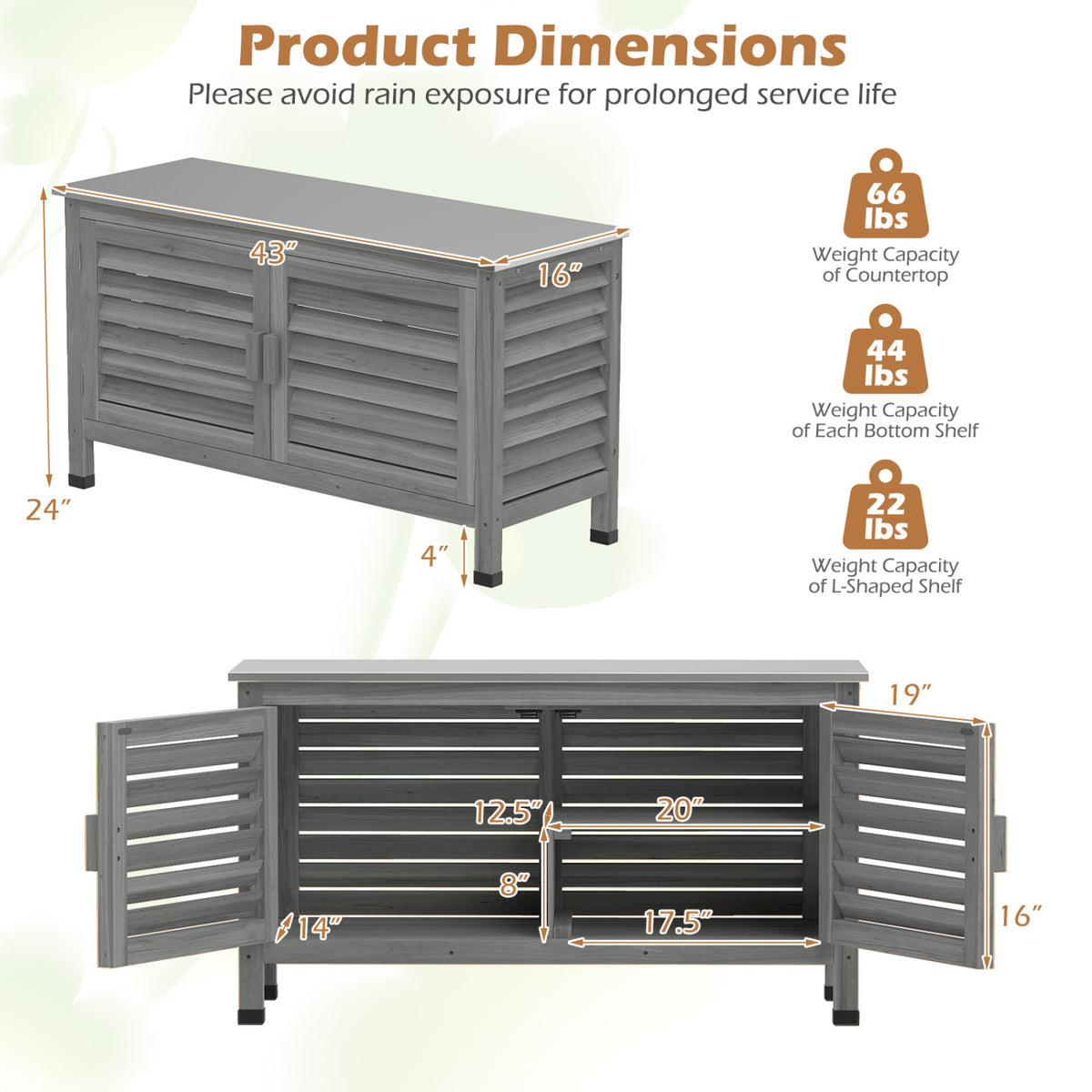 Patio Storage Cabinet with Stainless Steel Countertop and L-Shaped Shelf for Garden