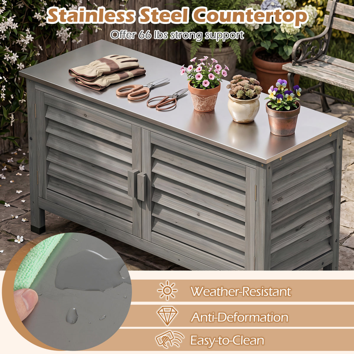 Patio Storage Cabinet with Stainless Steel Countertop and L-Shaped Shelf for Garden