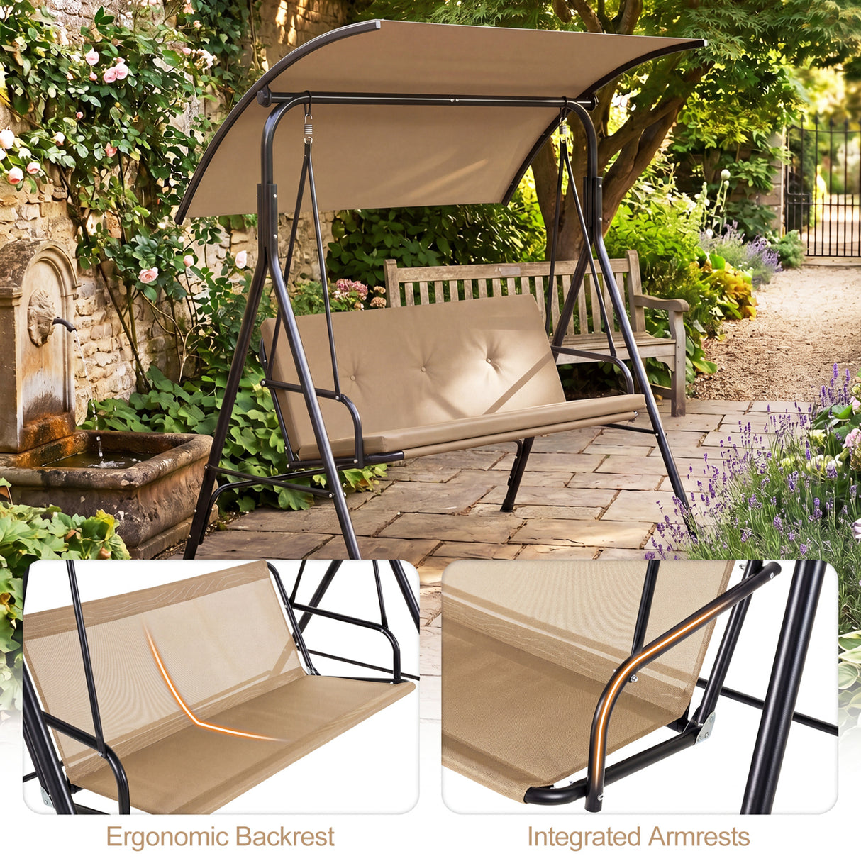 Patio Swing Chair with Adjustable Canopy & Removable Cushion and Metal Stand