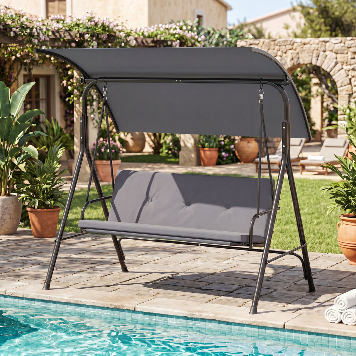 Patio Swing Chair with Adjustable Canopy & Removable Cushion and Metal Stand
