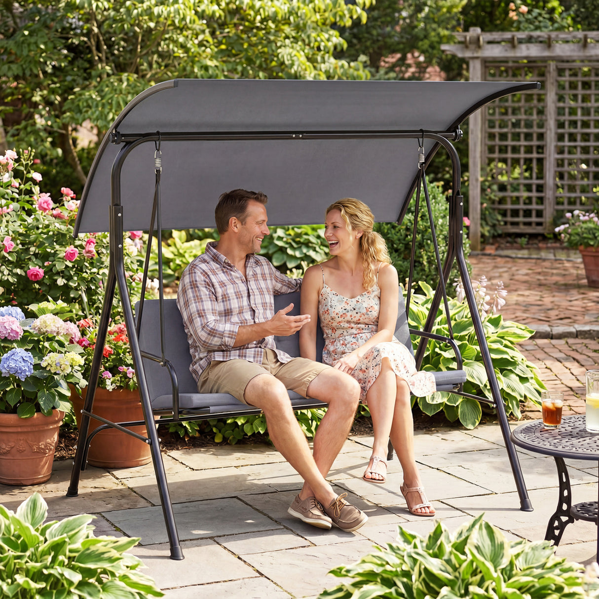 Patio Swing Chair with Adjustable Canopy & Removable Cushion and Metal Stand
