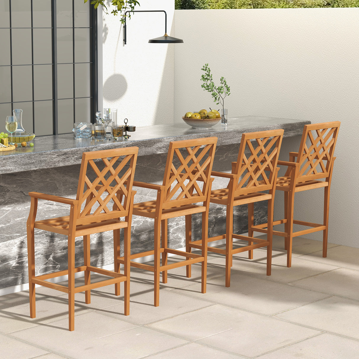 Patio Teak Wood Bar Stool Outdoor Counter Height Chair with Ergonomic Backrest