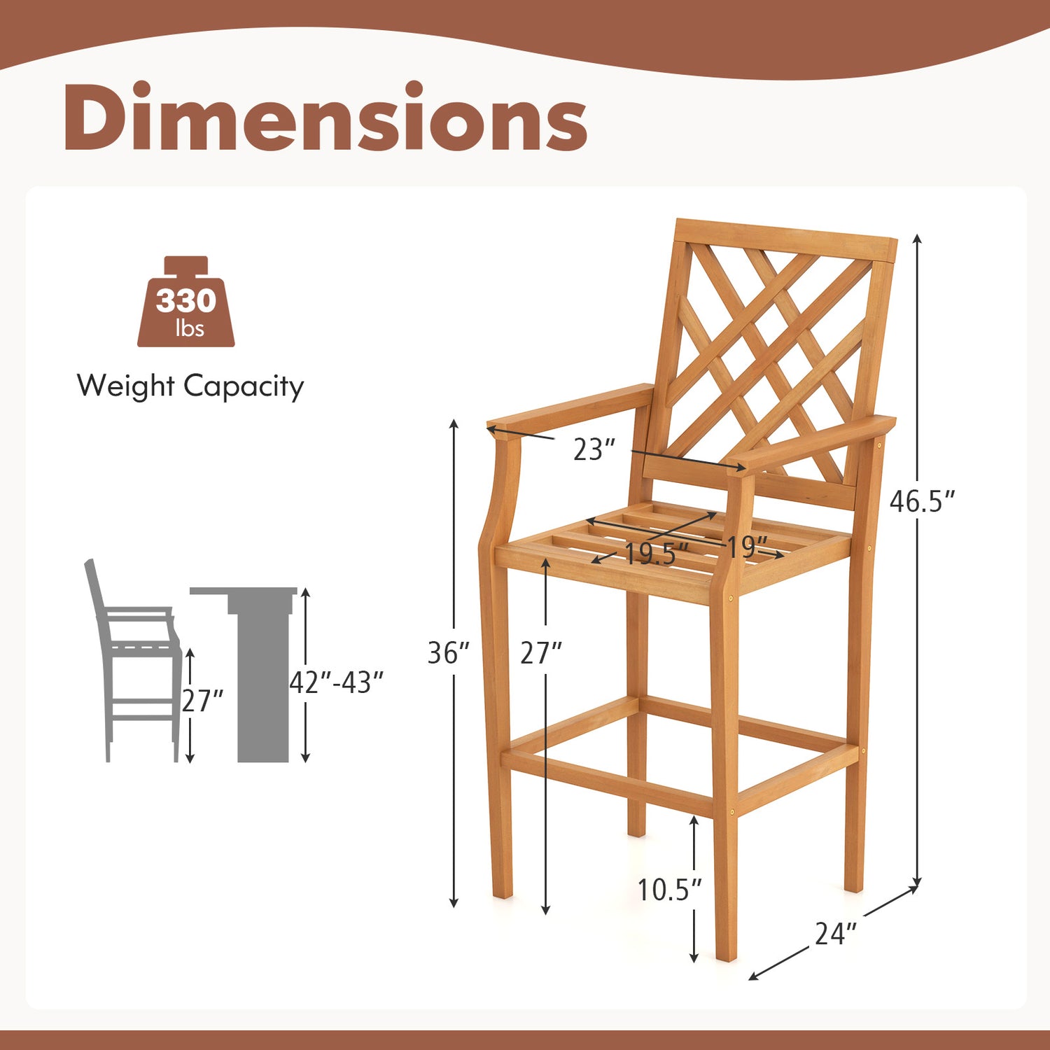 Patio Teak Wood Bar Stool Outdoor Counter Height Chair with Ergonomic Backrest