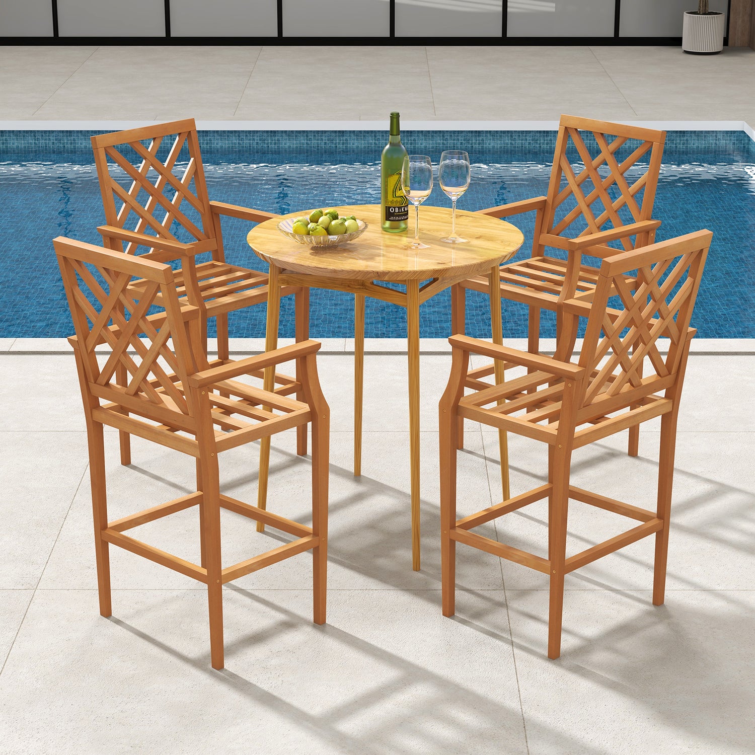 Patio Teak Wood Bar Stool Outdoor Counter Height Chair with Ergonomic Backrest