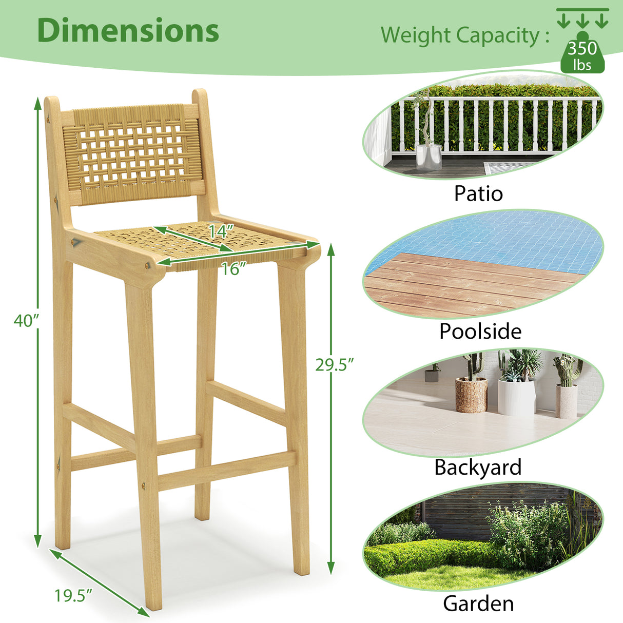 Patio Teak Wood Bar Stool with Rattan Backrest and Seat