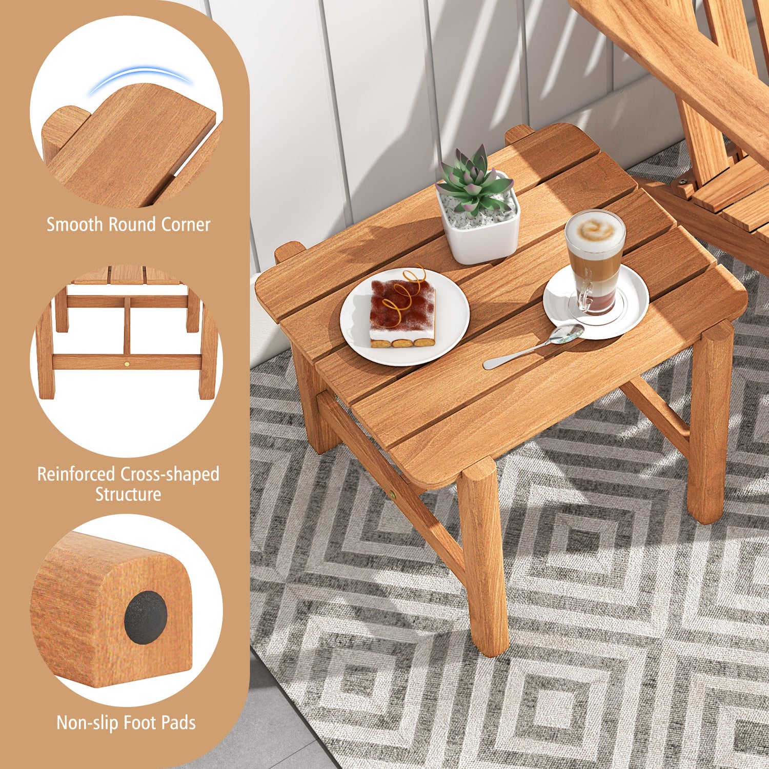 Patio Teak Wood Side Table with Slatted Tabletop for Yard